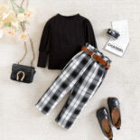 Children's Clothing New Girls' Autumn Two piece Set Long Sleeve Top Color Contrasting Checkered Pants Belt - Image 3