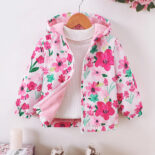 Children's Clothing New Girls Autumn and Winter Floral Print Hooded Fleece Jacket