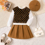 Children's Clothing Girls Autumn and Winter New Plaid Plush Top Skirt Set - Image 3