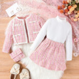Autumn/Winter New Girls' Set Solid Color High Neck T Small Fragrant Striped Skirt Set with Bag - Image 2