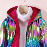 Children's Clothing New Girls Autumn and Winter Colorful Fleece Hooded Zipper Jacket - Image 3