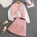 Girls' Spring and Autumn Sportswear New Baseball Jersey Jacket Pleated Skirt College Style Two-Piece Set