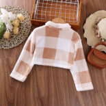Girls' coats spring new single-breasted long-sleeved color-blocked plaid woolen coat - Image 2
