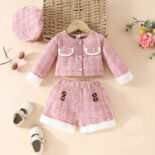 Baby girl small fragrance suit autumn move new fur spliced jacket + shorts + beret three-piece set
