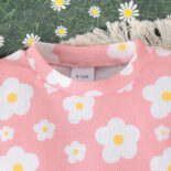 Children's clothing new round neck pit stripe flower print top with solid color fungus shorts two-piece set - Image 2