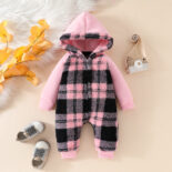 Autumn and winter baby and toddler comfortable fleece plaid pattern stitching long sleeve trousers warm home jumpsuit. - Image 3