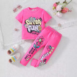 Summer small children girls round neck letter print short sleeve top = flower print trousers tide