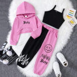 Style autumn and winter children's camisoles, alphabet color-blocked trousers, hooded long-sleeved jacket, trendy girl suit - Image 4