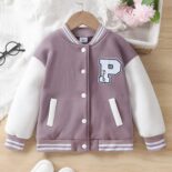 Children's clothing for both men and women, plush baseball jacket, embroidered letters, color blocked casual jacket