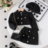 Children's clothing high-end suit, autumn and winter, new woolen long-sleeved short coat + short skirt + beret girl suit