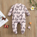 Baby Baby Spring and Autumn Butterfly Cute Print Pink Jumpsuit Long Sleeve Foot Crawling Suit - Image 2