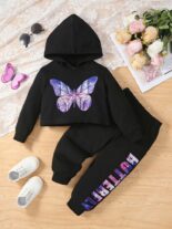 Butterfly hooded top with letter splicing pants set, fashionable style two-piece set