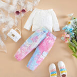 Children's Clothing Girls Spring and Autumn Outfit New Kids Fashionable One-Shoulder Top Tie-Dye Leggings Two-Piece Set - Image 2