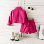 Spring and autumn girls, solid color lapels, long-sleeved breasted jacket with bow short skirt two-piece set - Image 4