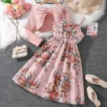 Girls' clothing autumn new sweet print suspender princess dress long sleeve jacket set