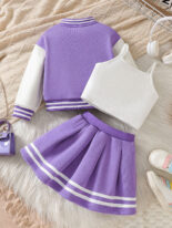 Average Girls Letter Embroidery PU Leather Long Sleeve Placket Baseball Jersey Fleece Jacket Skirt Three-Piece Set - Image 2