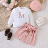 Children's Clothing New Girls Autumn and Winter Alphabet Patch Embroidered Sweatshirt Short Skirt Set - Image 2