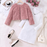 Children's Clothing Medium and Big Girls Autumn and Winter New Plush Jacket Knitted Dress Set