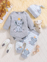 Baby children's clothes autumn and winter new cartoon baby print jumpsuits, striped pants, hats, three-piece set - Image 4