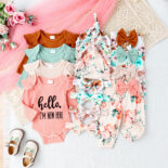 New autumn and winter baby girl four-color pit stripe letter print long sleeved+long pants with hat four piece set