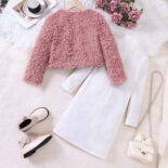 Children's Clothing Medium and Big Girls Autumn and Winter New Plush Jacket Knitted Dress Set - Image 2