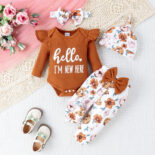 New autumn and winter baby girl four-color pit stripe letter print long sleeved+long pants with hat four piece set - Image 4