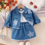 Spring and autumn children's set lapel star patch long sleeve denim jacket short skirt set - Image 2
