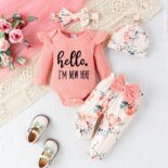 New autumn and winter baby girl four-color pit stripe letter print long sleeved+long pants with hat four piece set - Image 2