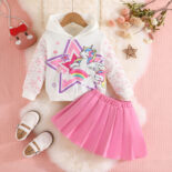 Girl long sleeve hooded rainbow pony pattern + pink skirt set