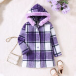 Children's Clothing Medium and Big Children's New Girls Autumn and Winter Plaid Wool Collar Long Jacket - Image 3