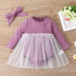 Spring and Autumn New Baby Crawling Clothes Girls Long-sleeved Onesies, Pink Stitching Baby Girls Super Cute Clothes - Image 2