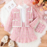 Autumn/Winter New Girls' Set Solid Color High Neck T Small Fragrant Striped Skirt Set with Bag
