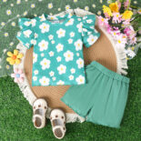 Children's clothing new round neck pit stripe flower print top with solid color fungus shorts two-piece set - Image 7