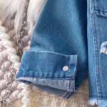 Spring and autumn children's set lapel star patch long sleeve denim jacket short skirt set - Image 7