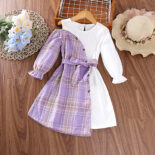 Autumn New Girls Dress Version Plaid Stitching Sweet Wind Long Sleeved Princess Dress