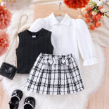 Autumn and winter hot new children's set solid color long-sleeved shirt vest plaid skirt three-piece set - Image 2