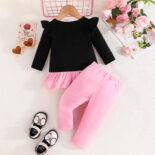 Baby girl cartoon emoji print flying sleeve long sleeve stitched top + cat print trouser set - Image 6