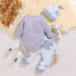 Baby children's clothes autumn and winter new cartoon baby print jumpsuits, striped pants, hats, three-piece set