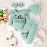 Girl baby letter print long sleeve, bow pants, hat, bandana set - Image 2