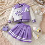 Average Girls Letter Embroidery PU Leather Long Sleeve Placket Baseball Jersey Fleece Jacket Skirt Three-Piece Set