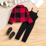Children's clothing: small children's suspender jumpsuits, fur plaid long-sleeved jackets, trendy girls - Image 3