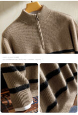 Half-high neck zipper 100% pure cashmere sweater men's winter thickened casual fashion striped base sweater knitwear - Image 8