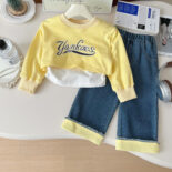 Autumn Female Treasure New Set Children's Three-Piece Set Fashionable Girls Jeans Sweatshirt Set