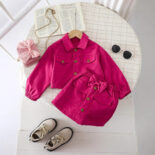 Spring and autumn girls, solid color lapels, long-sleeved breasted jacket with bow short skirt two-piece set - Image 2