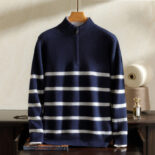 Half-high neck zipper 100% pure cashmere sweater men's winter thickened casual fashion striped base sweater knitwear - Image 3