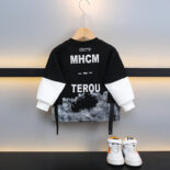 Boys' spring sweatshirt new children's fake two-piece pullover top baby spring and autumn base shirt - Image 2