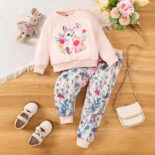 New girl cute rabbit print sports girl sweatshirt set