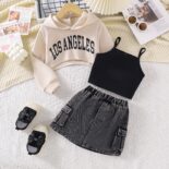Style girl camisole, hooded long sleeve letter print sweatshirt, denim skirt three-piece set