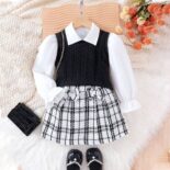 Autumn and winter hot new children's set solid color long-sleeved shirt vest plaid skirt three-piece set - Image 3