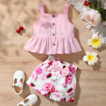 Girls' Spring and Autumn New Top Solid Color Strap Top+Flower Printed Shorts Two Piece Set - Image 3